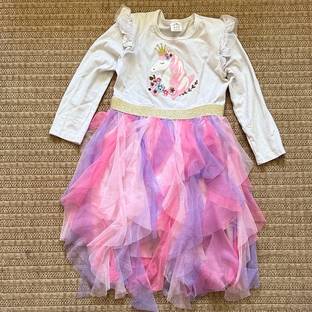 Pink Purple Tulle Unicorn Dress with Gold Waistband